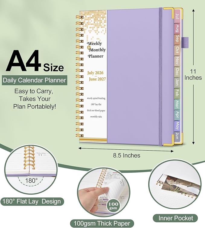 Academic Planner 2026-2027, Hardcover Weekly and Monthly Calendar Planner from July 2026 - June 2027, Daily Agenda Planners with Tabs, College School Organizer for Student Teacher, A4 (8.5" x 11"), Purple