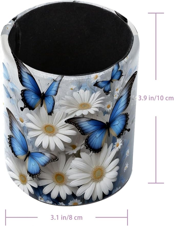 Butterflies and Daisies Leather Pen Holder for Desk, Multifunctional Desktop Organizer Pencil Cup, Desktop Caddy Stationery Organizer for School Home Office Desk Accessories
