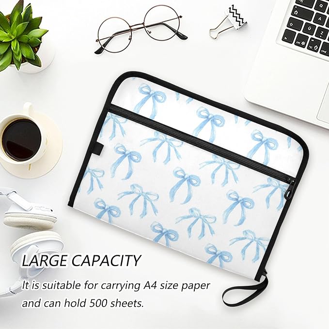 Watercolor Blue Bows Accordion File Organizer Expanding Document Folder with 13 Pockets Portable File Folder for A4 Letter Size