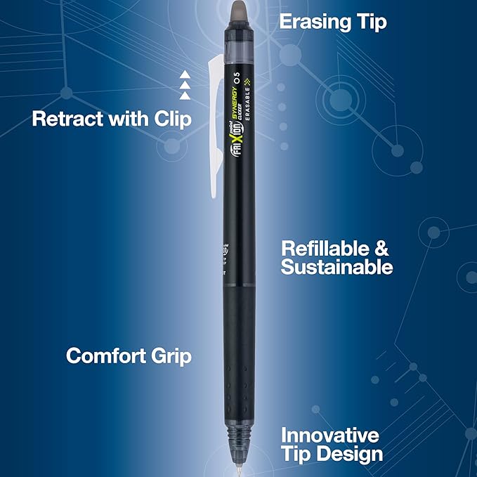 Pilot FriXion Synergy Retractable Clicker Erasable Gel Ink Pens, 0.5mm Extra Fine Point, Black Ink, Dozen