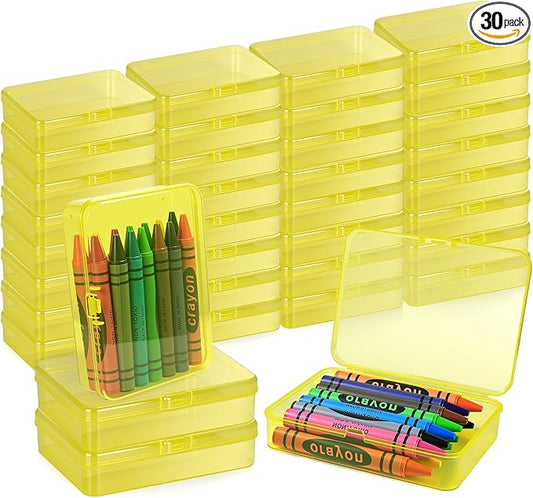 30 Pcs Plastic Crayon Box with Hinged Lid Clear Storage Containers Crayon Case for School Classroom Supplies (Yellow)