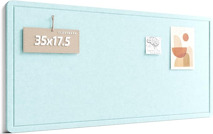 Fluxynara Bulletin Board, 35" x 17.5" Cork Board Alternative with 12 Safe Removable Adhesive Tabs, Foldable Felt Pin Board for Home Office, Classroom, Bedroom,Entryway for Walls—Aqua Blue