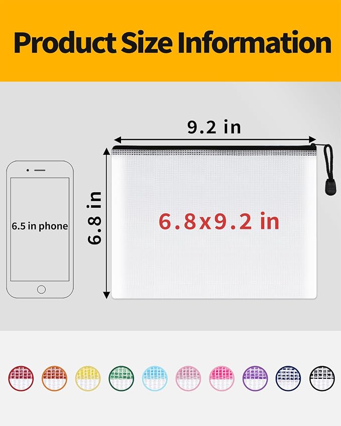 SUNEE Black Mesh Zipper Pouch 6.8x9.2 in (30 Packs), Waterproof, Transparent, Hanging, Organizing Pouches for School, Office, Travel Accessories