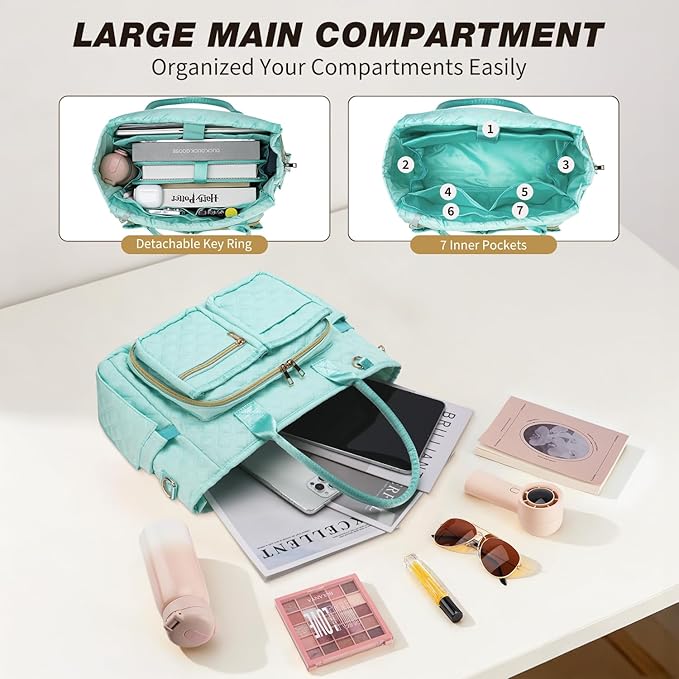 KOPKOFT Large Bible Cover Case for Women, Quilted Church Tote Bag with Shoulder Strap, Bible Study Supplies Journaling Kit Bible Accessories, Christmas Christian Gift for Women (Blue Green)