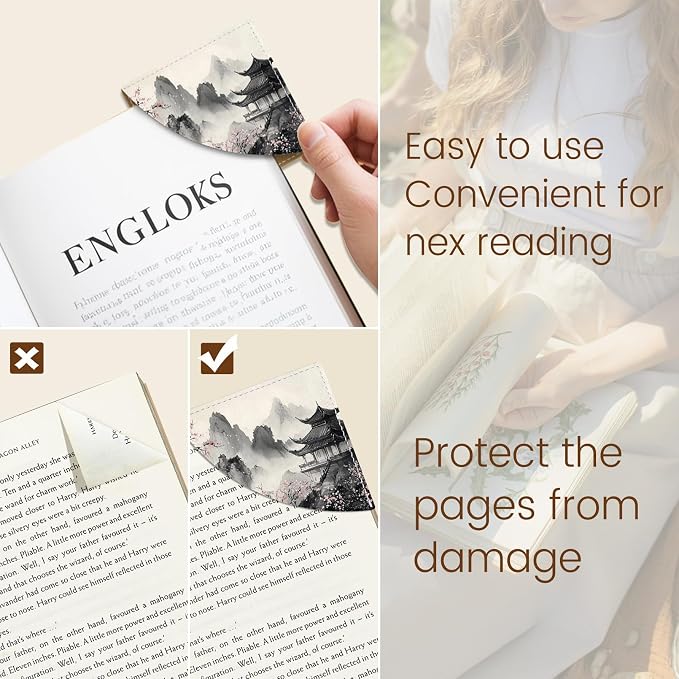 Japanese Landscape Corner Bookmarks, Anime Leather Book Accessories for Book Lovers, 3 Pcs Reading Book Page Markers for Women Men Student Teacher Retirement Birthday Gifts
