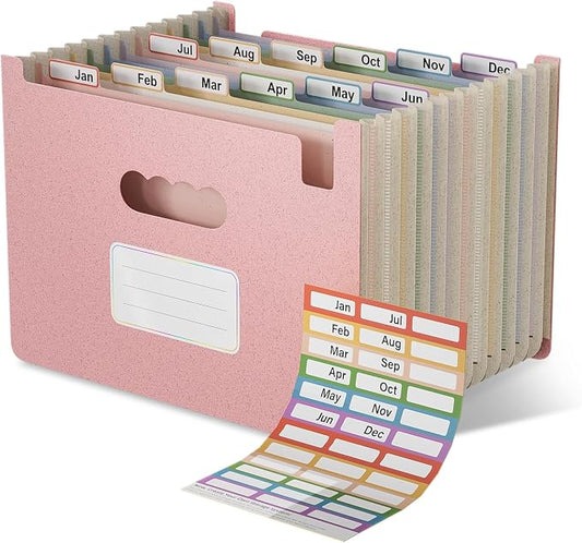 EcoStash 12 Pockets Accordion File Organizer, Wheat Straw File Folders, Upright & Open Top, Monthly Bill Receipt Organizer, 100% BPA Free, Return to Nature, Letter/A4 Size - Strawberry Pink