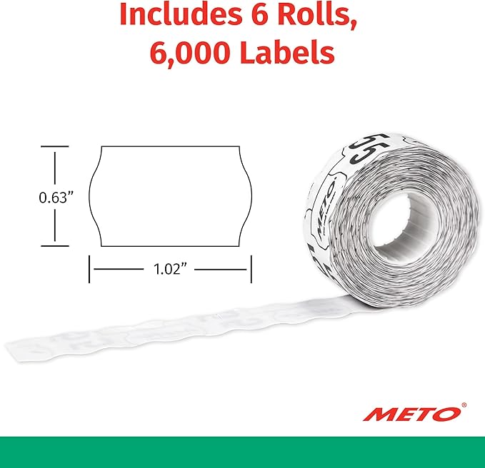 Meto Price Gun Labels, White 0.63" x 1.02" (16 x 26mm), 6 Rolls for 6,000 Total, Deepfreeze Adhesive, for Meto Classic M Price Guns, Double-Line Printing (88317)