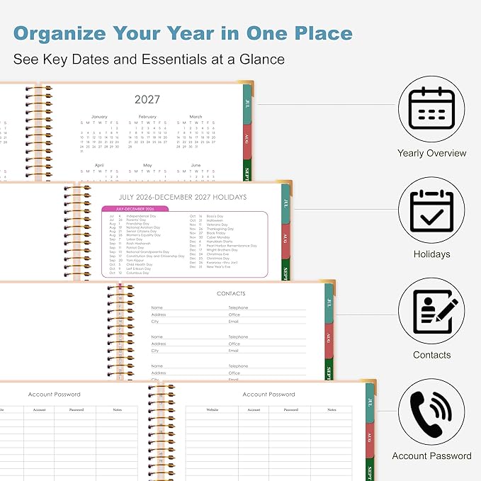 CAGIE Planner 2026-2027, 18 Month Weekly and Monthly Planner, Marble Design Calendar with Tabs, Jul 2026–Dec 2027, Large 8.5" x 11" A4 Hardcover Spiral Agenda Planner for Home, Work, School and Teacher (Blue）