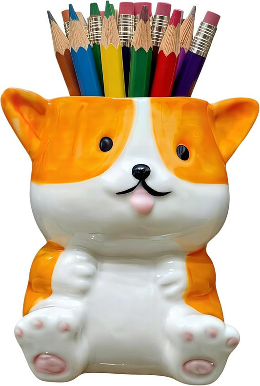 Adorable Cartoons Shaped Ceramic Pencil Holders - Multifunctional Desktop Organizers (Corgi Dog)