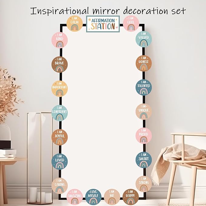 BOHO Affirmation Station Bulletin Board Set Rainbow Positive Bulletin Board for Classroom Mirror Growth Mindset Decoration Inspirational Motivational Accent Cutouts for Home School Teacher Wall Supply