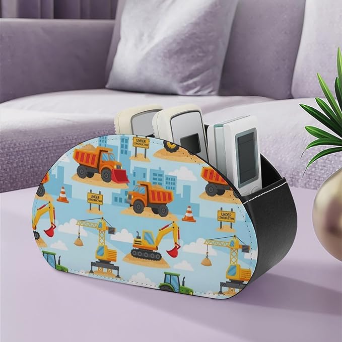 5-Compartment Remote Control Holder, PU Leather Storage Box for TV Remotes, Makeup Brushes, and Desk Accessories, Under Construction