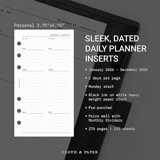 Cloth & Paper 2026 Daily Planner Inserts - Monday Start | Personal Size 3.75 x 6.75 | Minimalist Agenda Refills | 2 Days Per Page | 6 Ring Planner Refills for Daily Organizers | Heavyweight Paper
