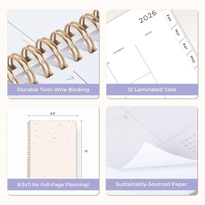 Blue Sky Ashley G 2026 Weekly and Monthly Planner Calendar, January 2026 - December 2026, 8.5" x 11", Flexible Cover, Durable Twin Wire Binding, Laminated Tabs, Pocket & Stickers, Shooting Stars Cream