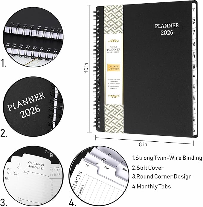 2026 Planner - Calendar Planner 2026, 8" x 10", Jan. 2026 - Dec. 2026, 2026 Planner Weekly & Monthly, Strong Twin-Wire Binding, 12 Monthly Tabs, Improving Your Time Management Skill