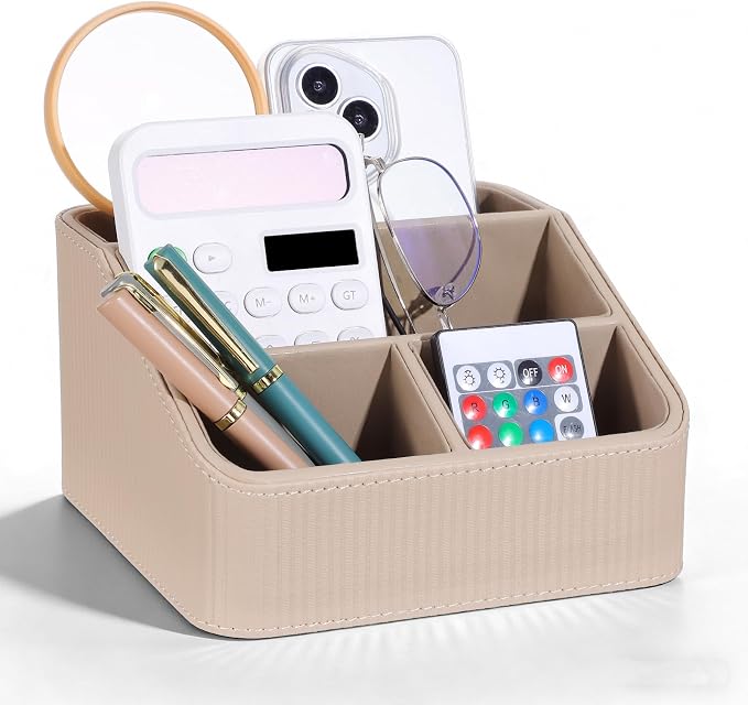 Kenaeeooe Remote Control Holder, Small Desk Organizer with 4 Compartments, Pu Leather Desktop Caddy for Office Supplies & Home Accessories, Bedside Nightstand Storage (Beige)