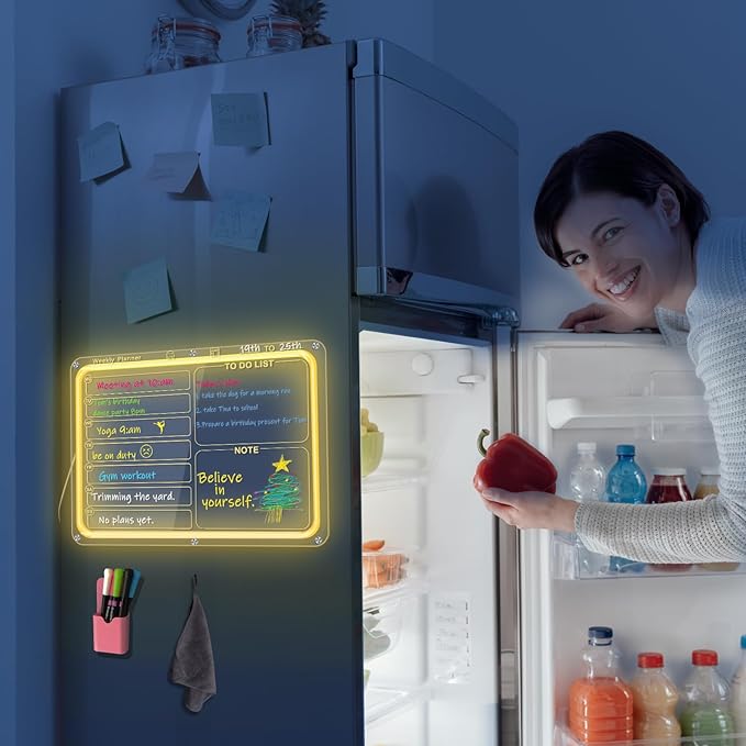 Acrylic Weekly Board for Fridge with Light,16"x12" Weekly Board Fridge Memo Dry Erase Board Set for Refrigerator,Glass,Wood Wall,Office with 6 Colors Markers
