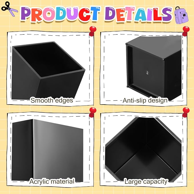 Funrous 4 Pack Black Acrylic Pen Pencil Holder Desktop Pencil Dispenser Makeup Brush Holder Organizer with Colorful Stickers for School Office Home Supplies, 3.94 x 2.56 x 2.56 Inches
