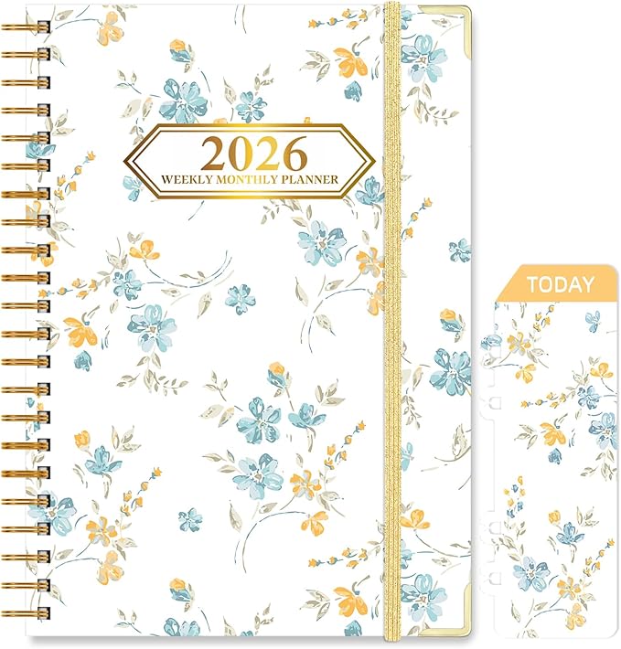 2026 Monthly Planner, Jan.2026 - Dec.2026 Weekly Monthly Planner 6.25"x8.5" with Page Tabs, Calendar Hardcover with Inner Pocket, Elastic Band, Twin-Wire Binding, Bookmark, Blue-Yellow Flower