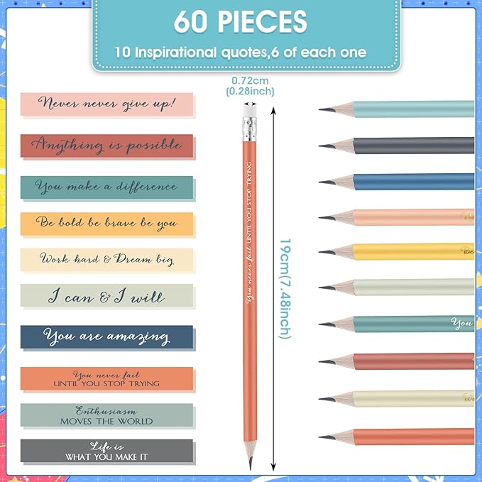 Sabary 60 Pcs Inspirational Pencils Bulk Graduation Gift from Teacher 2 HB Wood Pre Sharpened Pencils Motivational Saying School Gift Teacher Awards for Graduation Party Favor