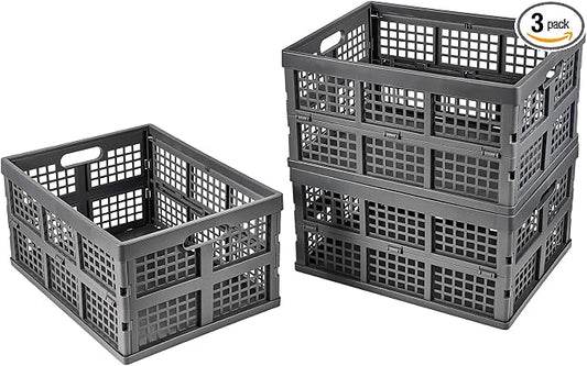 Aebeky 3-Pack Plastic Collapsible Storage Crates-30L,Foldable Plastic Crates for Storage (Gray)