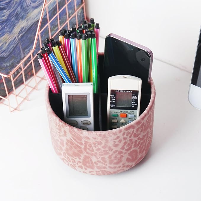 Round Leather Art Supply Organizer,Remote Control Holder,360 Degree Rotating,Multi-Functional Pencil Holder,4 Compartments Desktop Stationary Organizer(1-Leopard Pink)