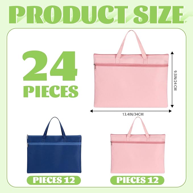 Sadnyy 24 Pcs A4 Double Pocket Document Storage Bag Waterproof Oxford Zipper File Pouch with Handle Foldable Project Bag Art Supply Organizer for School, Office, Travel, Home, 2 Colors