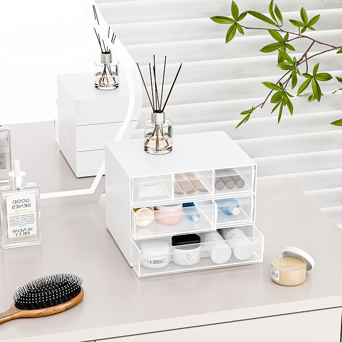 Gonice Desk Organizer 3 Tier Stackable Storage Drawers with 6 Compartments, White Plastic Stackable Supplies Drawer Organizer for Office, Home, School