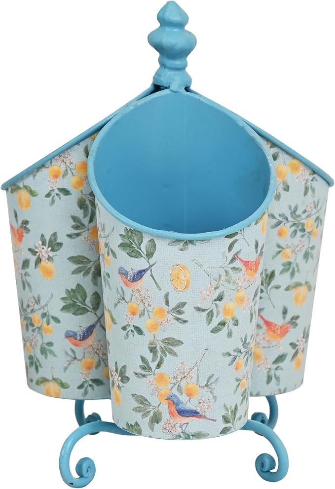 360° Rotating Metal Pen Holder for Desk, Cute Floral Bird Desktop Organizer with Dome Roof, Pencil Cup & Remote Control Holder for Home Office (Blue)