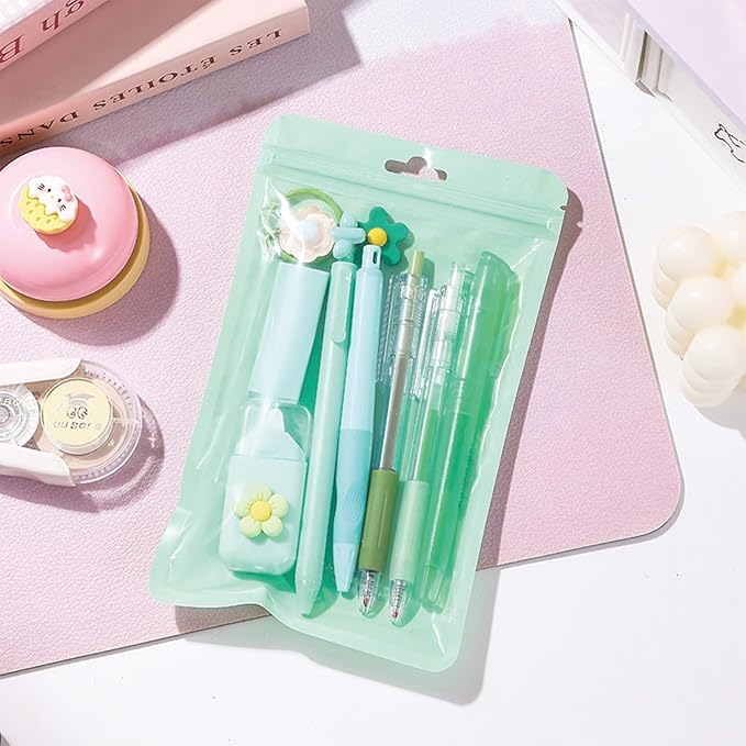 MOZXIRZ 8 Pcs Cute Green Stationery Set for Girls Boys Women Back to School Supplies Office Supplies Kawaii Candy Colors Stationery Gift Including Pen Pencil Highlighter Eraser (Green)