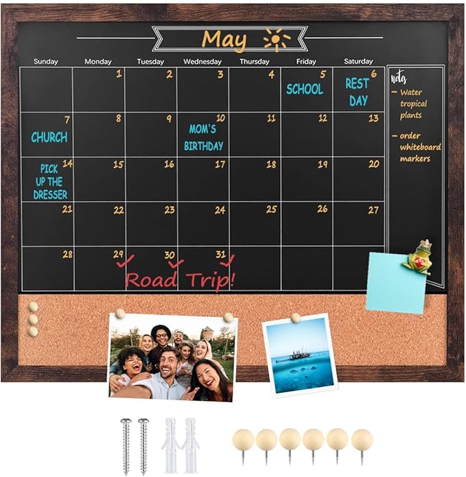 Chalkboard Calendar and Bulletin Combo Board. 18" x 22" Brown Wooden Frame，Magnetic Chalkboard.Perfect for Office, Home School Message Board，HBZHB-BN4555-US