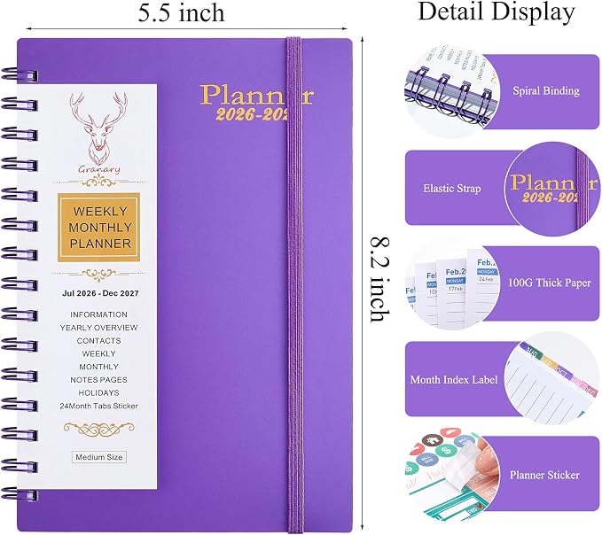 Planner 2026-2027, Weekly and Monthly Planner 2026-2027 Academic Year (July 2026-June 2027), 18 Months Calander Planner, Daily Agenda Book for School Student, Teachers, Office Supplies, Home, 8.2"×5.5" (JUL.2026-DEC.2027 Deep Purple)