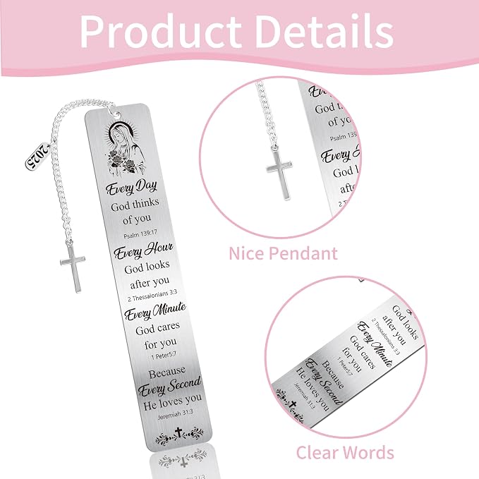 Virgin Mary Metal Bookmark Gifts, Religious Book Mark with Cross Charm, Bible Reading Page Markers for Women Men, Pastor Appreciation Catholic Christian Gift School Office Supplies