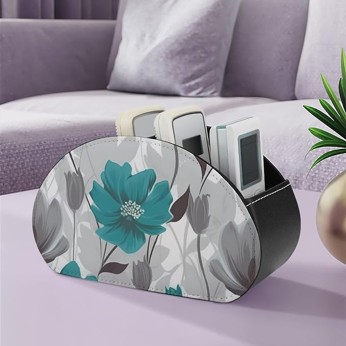 Teal Grey And White Floral Remote Control Holders Waterproof Pu Leather TV Remote Holder Desktop Storage Organizers Remote Caddy Box with 5 Compartments for TV Remotes/Media Controllers/Office Supplie