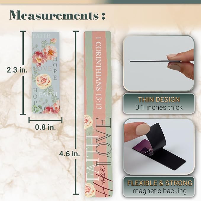 Christian Art Gifts Magnetic Scripture Bookmark Set for Men and Women: Faith, Hope, Love - 1 Corinthians 13:13 Inspirational Pink Rose Themed Magnetic Pagemarkers Set of 6 for Bibles, Size 2.3" x 0.8"