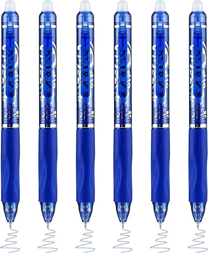6 Pcs Retractable Erasable Pens, Colored Gel Blue Ink Pens Clicker with Erasers, 0.5mm Fine Point Smooth Writing Pen for Journaling Note-Taking Crossword Puzzles Supplies (Blue)