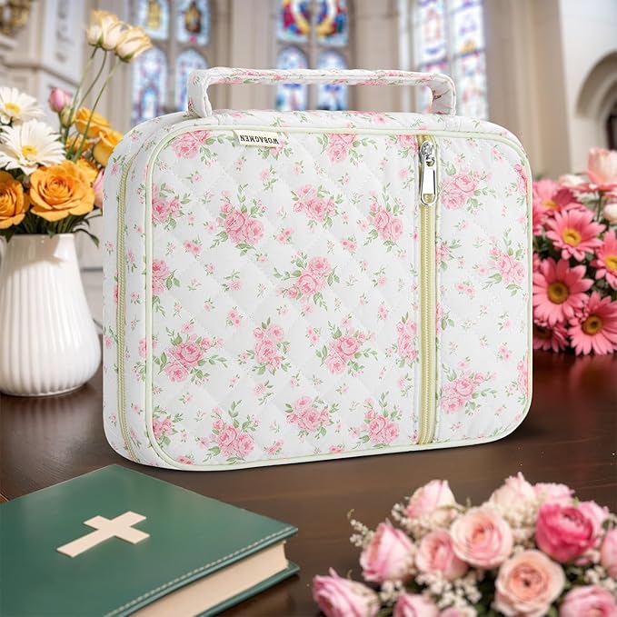 WOBAGMEN Bible Cover Case for Women,Large Bible Tote Bags Organizer Quilted Carrying Case for Girls,Bible Study Supplies Accessories Christian Gifts for Women (Big Pink Floral, M)