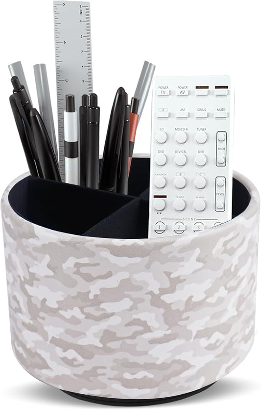 Round Leather Art Supply Organizer,Remote Control Holder,360 Degree Rotating,Multi-Functional Pencil Holder,4 Compartments Desktop Stationary Organizer(1-Camouflage White)