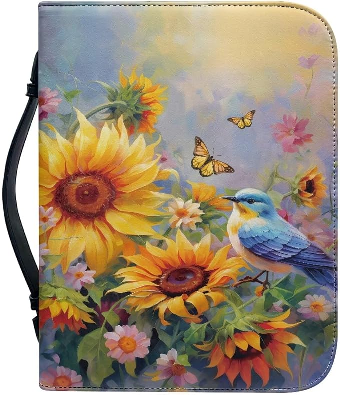 Sunflower Hummingbird Bible Covers Case PU Leather Bible Carrying Case with Handle Waterproof Bible Protector Multi-Purpose Bible Tote Bag Large Size
