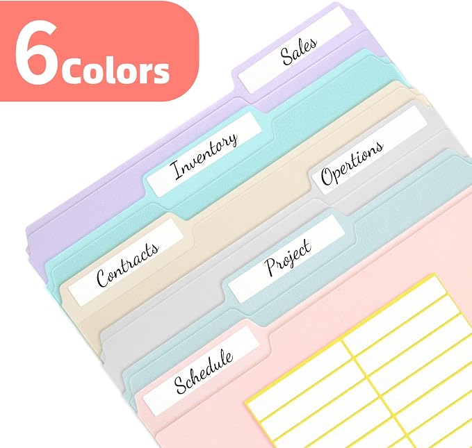 Color Folders 8.5 x 11 Inch, 1/3 Cut Tab File Folders Letter Size with Labels, Assorted Colors School Business Office Folders for Document