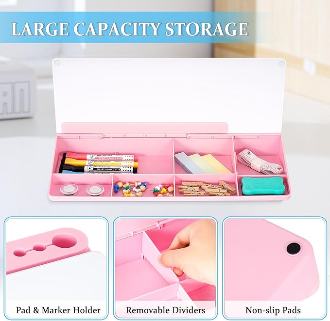 DOLLAR BOSS Glass Desk Whiteboard Small Dry Erase Board Desktop White Board with Storage Drawer Computer Keyboard Stand Desk Organizer Office Accessories School Supplies with 4 Markers 1 Eraser, Pink