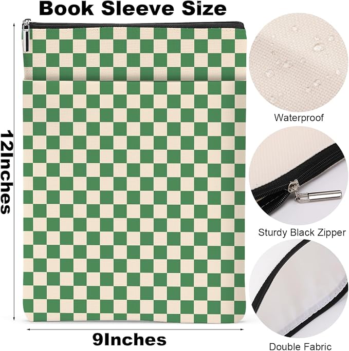 Green Plaid Book Lovers Gifts Book Sleeve Vintage Checkered Waterproof Book Cover Book Pouch Book Protector with Front Pocket Book Club Christmas Birthday Gifts for Women Girl Reader Book Accessories