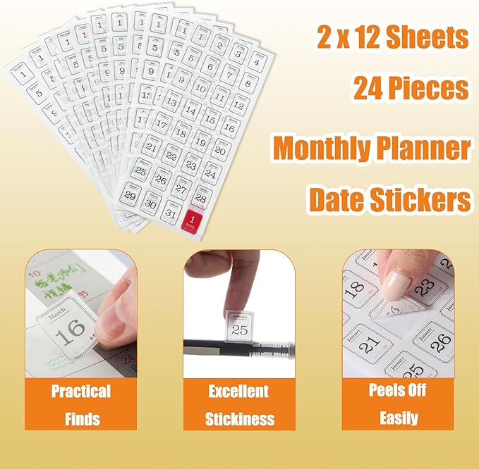 24 Pcs Monthly Calendar Stickers, Cute Calendar Labels, Date Planner Stickers for Scrapbooking, DIY Crafts, Journal Accessories
