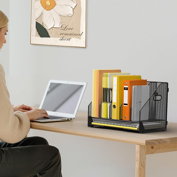 Docnest Desk File Holder Sorter, 5 Vertical Compartments Rack with Letter Tray, Mesh Magazine File Holder with Handle,Workspace Organizers,Desk Organizers for Paper, Mail, Documents-Black