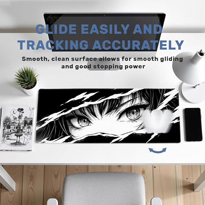 Anime Desk Mat 35.4 x 15.7 Inches Black and White Anime Eye Gaming Mouse Pad Non-Slip Rubber Base Waterproof with Stitched Edges for Gaming Office Home