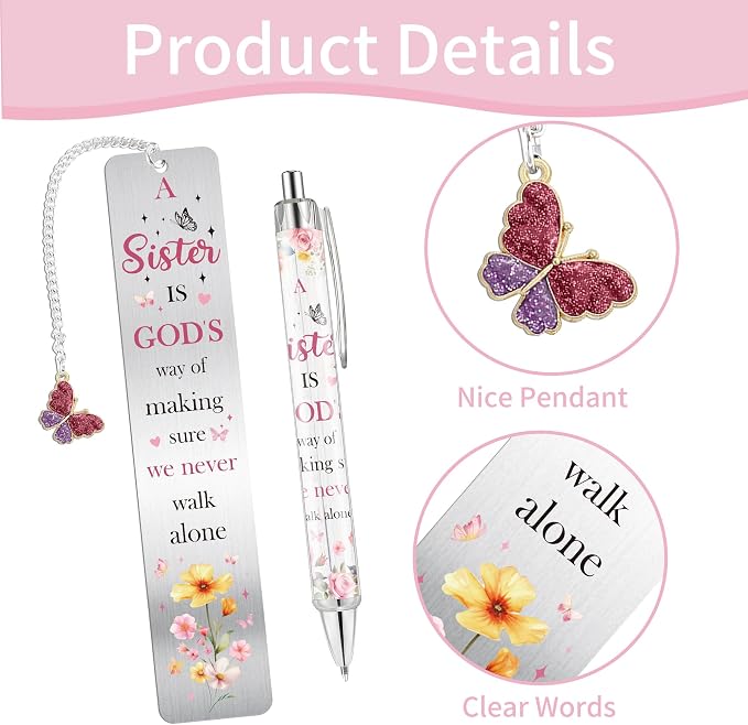 Sisters Gifts from Sister, Cute Pink Bookmark and Pen Gift Set, Floral Metal Book Mark with Butterfly Charm, Christian Gifts for Women Girls, Birthday Valentine Christmas Stocking Stuffer