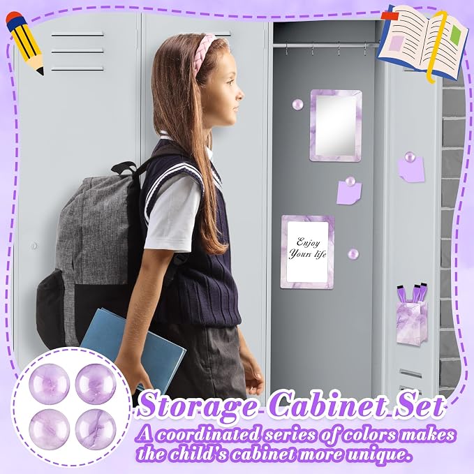 Denylo pro Magnetic Locker Marble Accessories Kit Purple Back to School Essentials Locker Organizer Supplies Include Mirror Whiteboard Pen with Holder Magnet Magnetic Buckle Back to School Essentials