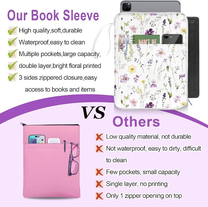 White Floral Bible Book Sleeve with Zipper,12"x 9" Padded Protector Washable Book Covers,Books Pouch with Handle Pockets,Travel Book Carrying Case for Books Lover Hardcover,Mother's Day Christmas Gift