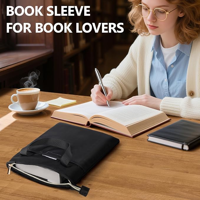 Likesing Book Sleeve for Book Lovers, 12.6" x10.6" Canvas Book Cover for Hardcover Paperbacks Bible Textbook Comic Kind1e Journal, Book Pouch with Zipper Gifts for Readers Book Lovers Women(Black)