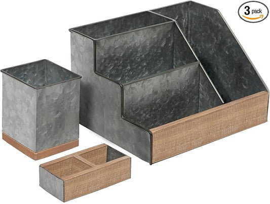 HBCY Creations 3 Piece Galvanized Metal Desk Organizer Set - Rustic Mail Organizer For Desktop - Great For Industrial Home Decor! Makeup Organizer For Vanity