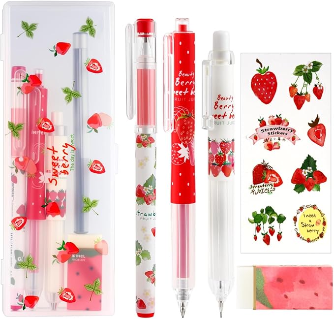 Cute Strawberry Pens Set Include Kawaii 0.5mm Strawberry Mechanical Pencil,Mechanical Pencil Lead Refills,Erasers,Gel Pens,Stickers,Strawberry Stationery Set for Office School Supplies